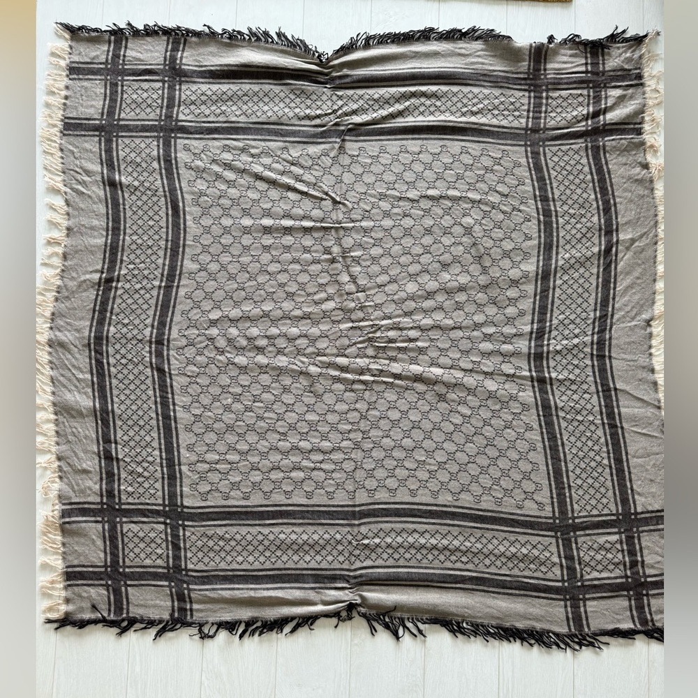 Gucci Wool Silk GG Monogram Plaid Shawl Beige Dark Brown